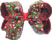 Large Red Green and Silver Sequins on Red Stain Double Layer Overlay Bow